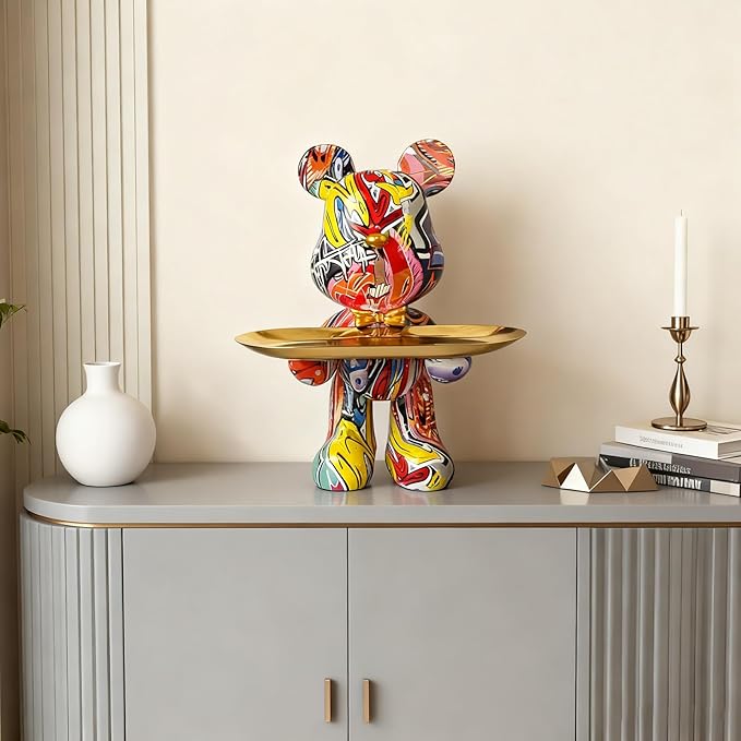 Bear Statue Resin Tray Sculpture for Home and Office Decor, Suitable for Bedroom, Living Room, Office on Table, Desktop, Shelves and Cabinet (Graffiti)