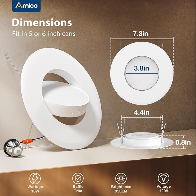 Amico 12 Pack 6 Inch Retrofit Eyeball Gimbal Can Lights, Adjustable Eyeball Directional 5CCT LED Recessed Lights, Dimmable, 2700K/3000K/3500K/4000K/5000K Selectable, 7W 650LM, ETL&FCC