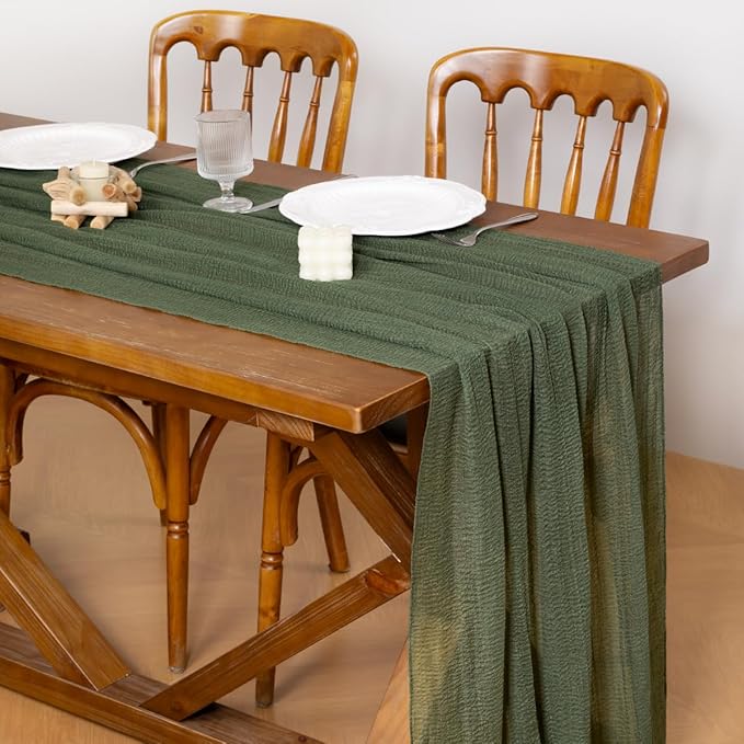 Socomi Green Cheesecloth Table Runner Olive Valentine's Day Gauze 120 Inch Rustic Boho Cheese Cloth Runner for Wedding Party Baby Bridal Shower Centerpiece Decoration Holiday Home Decorations