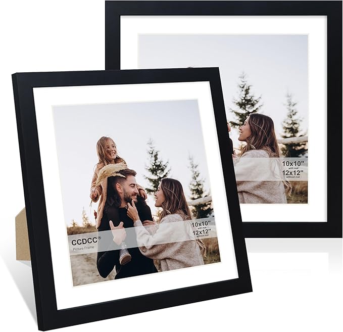 12x12 Picture Frame Set of 2, 12 x 12 Wood Photo Frames with Mat for 10x10 or 30x30cm Diamond Art Painting, Wooden Frame with Real Glass Cover for Wall and Tabletop Display,Black