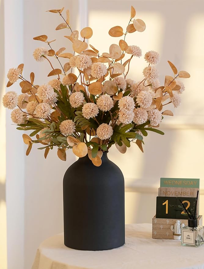 BLOSMON Dining Table Centerpiece Decor: Metal Vase with 12 Stems of Fake Mums Kiku Flower Eucalyptuses for Home - Beige Artificial Pom Poms Faux Floral Arrangements in Vase for Living Room
