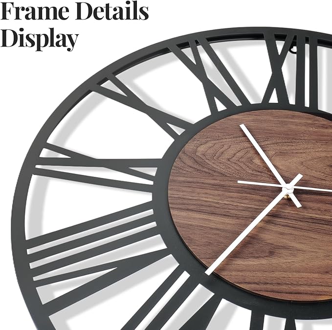 24 inch Large Wall Clock for Living Room Decor, Decorative Wood Metal Wall Clock Battery Operated Silent Non Ticking, Modern Black Round Big Clocks for Bedroom, Kitchen, Office Decor-Roman Numerals