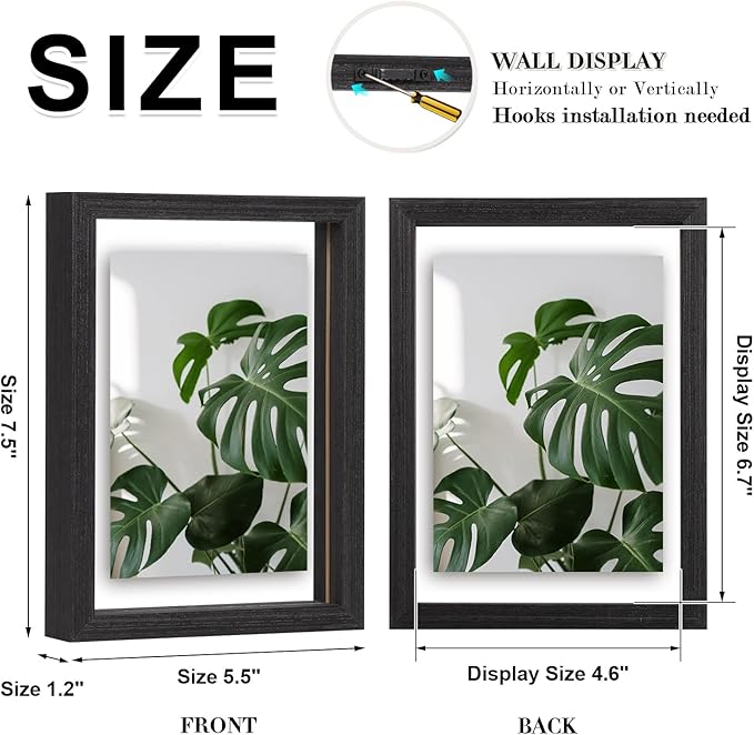 Egofine 5x7 Floating Frames Set of 2, Double Plexiglass Picture Frame, Made of Solid Wood Display Any Size Photo up to 5x7, Wall Mount or Tabletop Standing, Faded Black