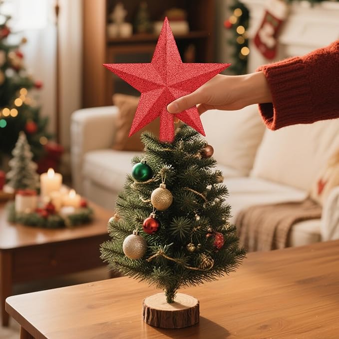 Christmas Tree Topper 10 Inch,Glitter Christmas Ornaments Star Xmas Decoration on Tree for Holiday Ornament or Home Decor(Red)