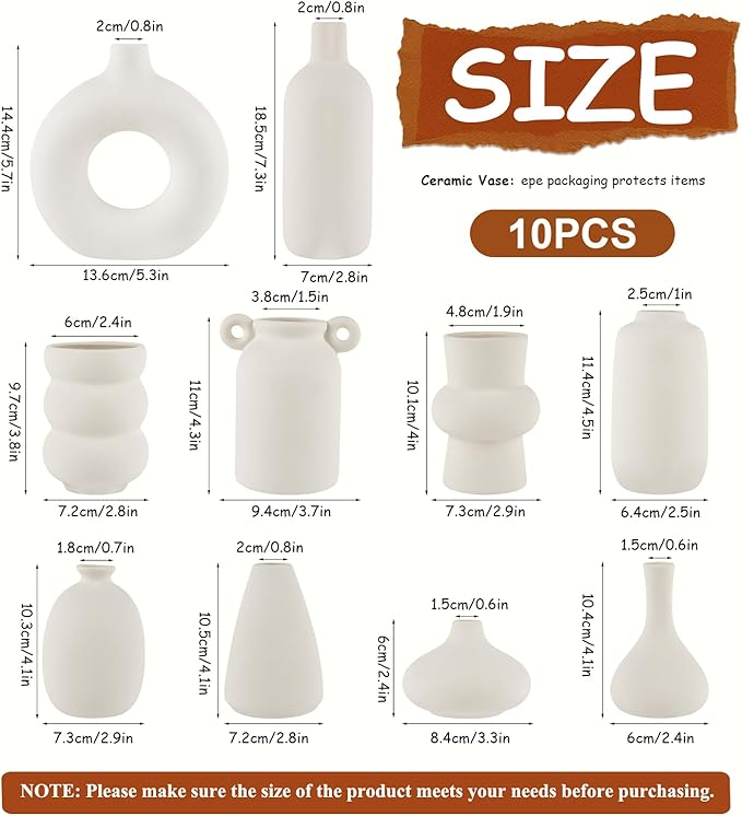 Small White Ceramic Vase Set of 10 Ceramic Bud Vases in Bulk Modern Farmhouse Boho VaseS for Pampas Grass, Flowers, Decorative Ceramic White Flower Vases for Home Decor, Entryway Table Decor