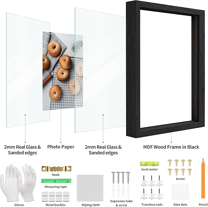 8x10 Floating Picture Frame Set of 2, Double Glass Photo Frame Wooden Frame for Wall Mount or Tabletop Displays for 4x6, 5x7, 6x8 inch Pictures, Plane Edge Frames, Black