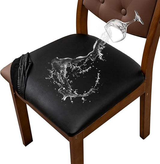 Waterproof PU Leather Seat Covers for Dining Room Chairs Set of 4, Stretch Dining Chair Slipcovers, Kitchen Chair Seat Covers, Non-Slip & Washable (Black)
