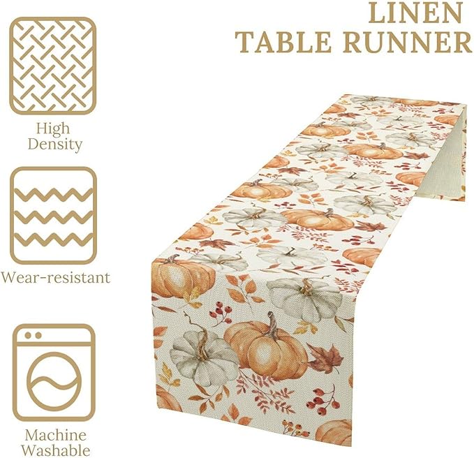 Pumpkin Table Runner Fall Orange White Colorful Leaves Berries Thanksgiving Watercolor Illustration Rustic Decor for Farmhouse Indoor Outdoor Party Holiday Dining Kitchen Restaurant Cafe W13xL72in