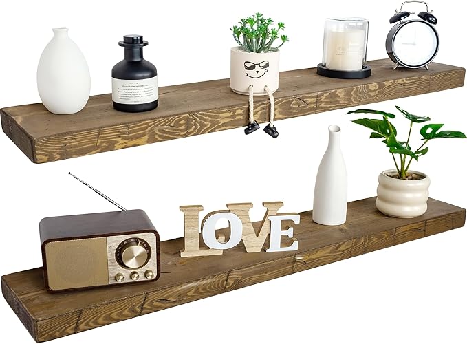 BGMG Floating Shelves 60 inch Long, Distressed,Wide Rustic Wooden Wall Shelves for Bathroom Living Room Bedroom Kitchen Farmhouse Set of 2-60x6.7x1.75 inch-Distressed Walnut