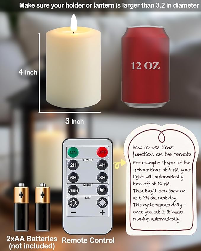3"x6" Flickering Flameless Candles with Remote Timer, Real Wax, Ivory Pillar Candles, Set of 3 Large LED Battery Operated Candles for Home, Fireplace, Centerpiece, Rustic and Farmhouse Decor