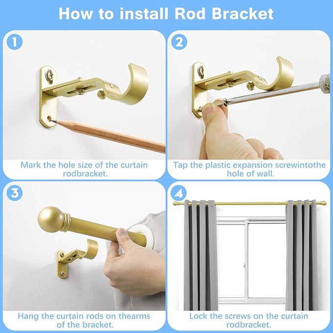 Curtain Rods for Windows 16 to 76 Inches, Curtain Rod Max Adjustable Length of 88 IN, 6/8" Diameter Drapery Rods Round Finials, Warm Gold, Pack of 1