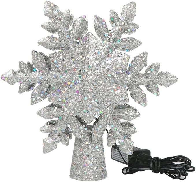 ME JO Christmas Tree Topper | Christmas Tree Decoration Hollow Glitter Snowflake with 3D Rotating LED | with 6 Projection Plug in Star Christmas Tree Projector for Indoor Office Xmas New Year