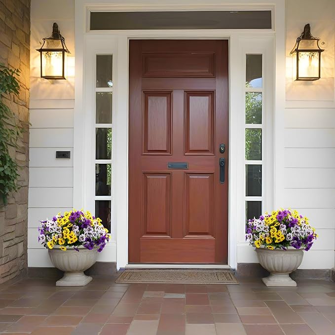 Artificial Fake Pansy Flowers for Outdoor, Faux Silk Pansies Spring Flowers for Outside for Planter Front Door Porch Yard Patio Window Box Home Decor (36, Purple, Yellow, White)