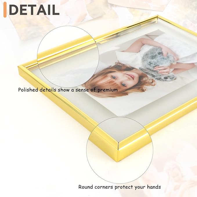 Wall Floating Frame, 6"×8", Gold, 2 Set, Wall Mounting or Wall Leaning, For Photo 6×8, 5×7, 4×6, Classy For Festival, Anniversary, Wedding, Home or Office Décor