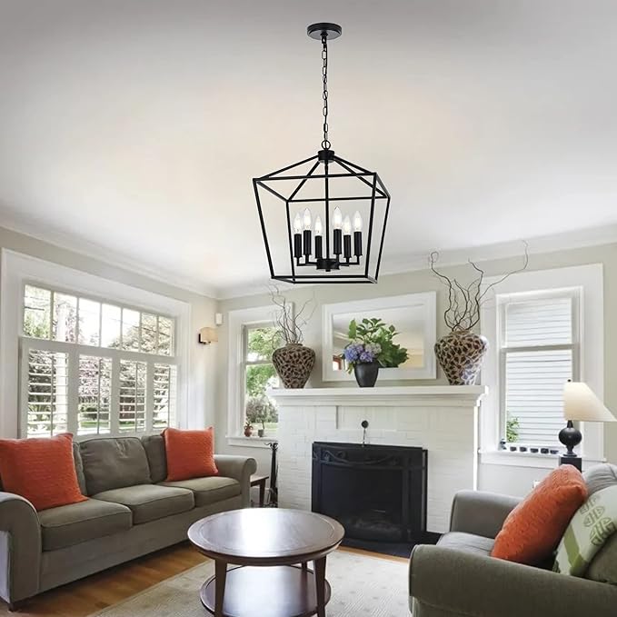 MELUCEE 6-Light Black Farmhouse Chandelier 16 Inches Cage Hanging Lights Rustic Lantern Pendant Lighting for Kitchen Island Dining Room Foyer Hallway, E12 Base
