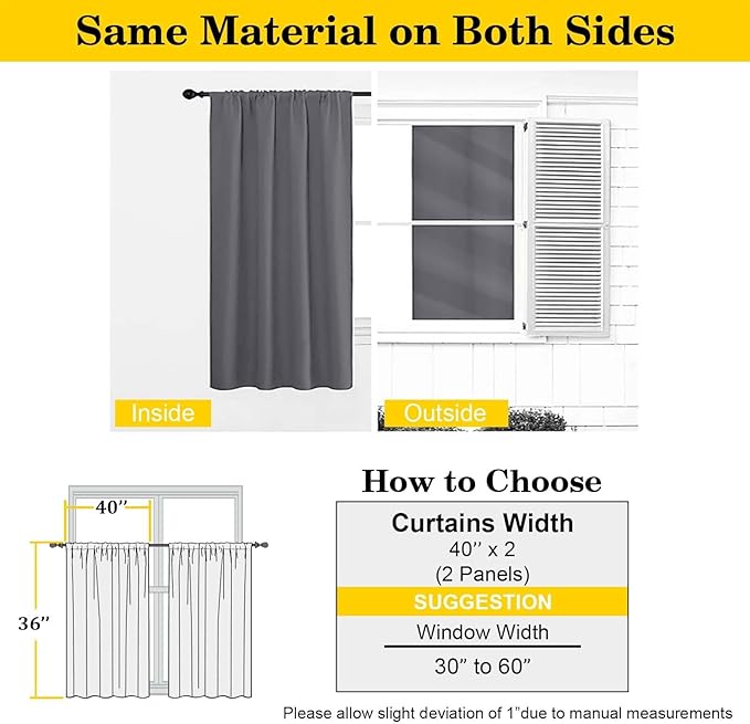 Grey Cafe Blackout Curtains 36 Inch Length 2 Panels Set, Soft Solid Thermal Insulated Room Darkening Small Window Curtains for Kitchen Bathroom Basement, Grey, Each, 40" Wx36 L
