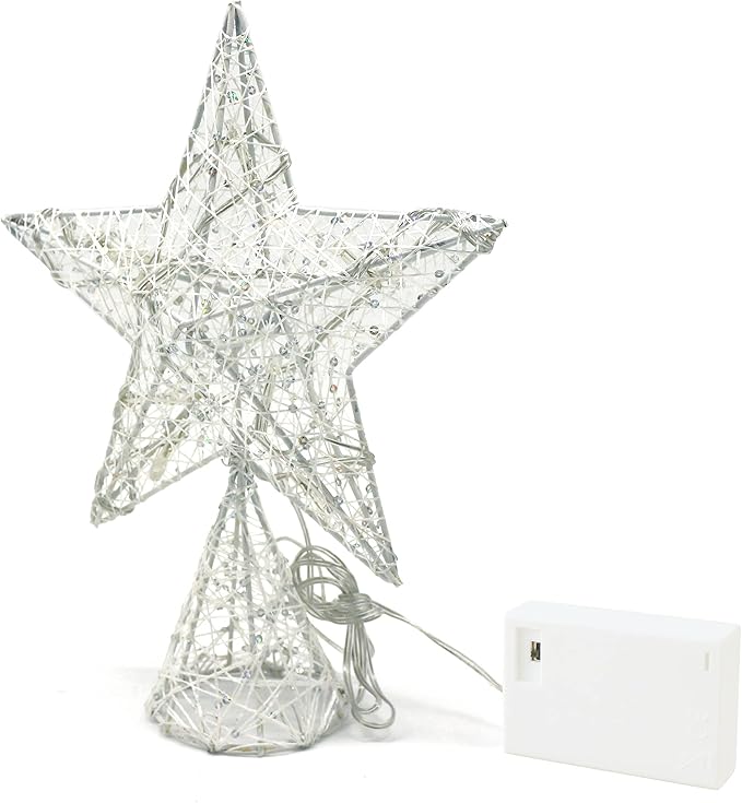CVHOMEDECO. White Tree Top Star with Warm White LED Lights and Timer for Christmas Ornaments and Holiday Seasonal Décor, 8 x 10 Inch