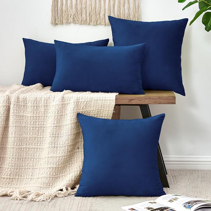 Throw Pillow Covers Decorative Velvet Set of 2 12x20 Inch Pillow Covers, Soft Navy Blue Lumbar Pillowcases for Couch Sofa Bed Living Room, Farmhouse Home Boho Decor, Accent Cushion Covers