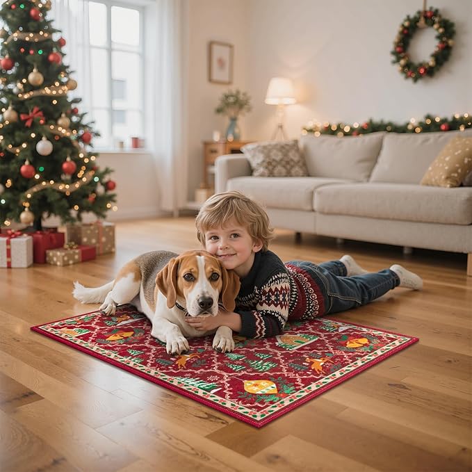 HEBE Christmas Area Rug 2'x3', Non Slip Farmhouse Red Rugs for Living Room, Washable Soft Area Rugs for Bedroom Christmas Low Pile Indoor Floor Carpet for Dining Room Xmas Holiday Decor