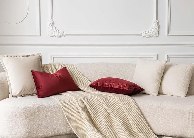JUSPURBET Decorative Pillow Covers Set of 2 Velvet Throw Pillow Covers for Couch Sofa Bed Soft Lumbar Cushion Covers with Hidden Zipper for Living Room Home Decor,Burgundy,12x20 inch