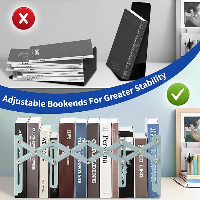 Cat Bookends, Adjustable Metal Book Ends for Shelves Decorative Unique Design for Heavy Books, Non-Skid Book Holder for Home Housewarming Cooking Lover Gifts (Cat)