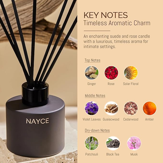 Nayce Luxury Reed Diffuser - Suede Rose - Aromatherapy Essential Oil Diffuser Sticks - Hand-Poured in USA - Reed Diffusers for Home, Bathroom, Bedroom, Office Decor, Housewarming Gifts