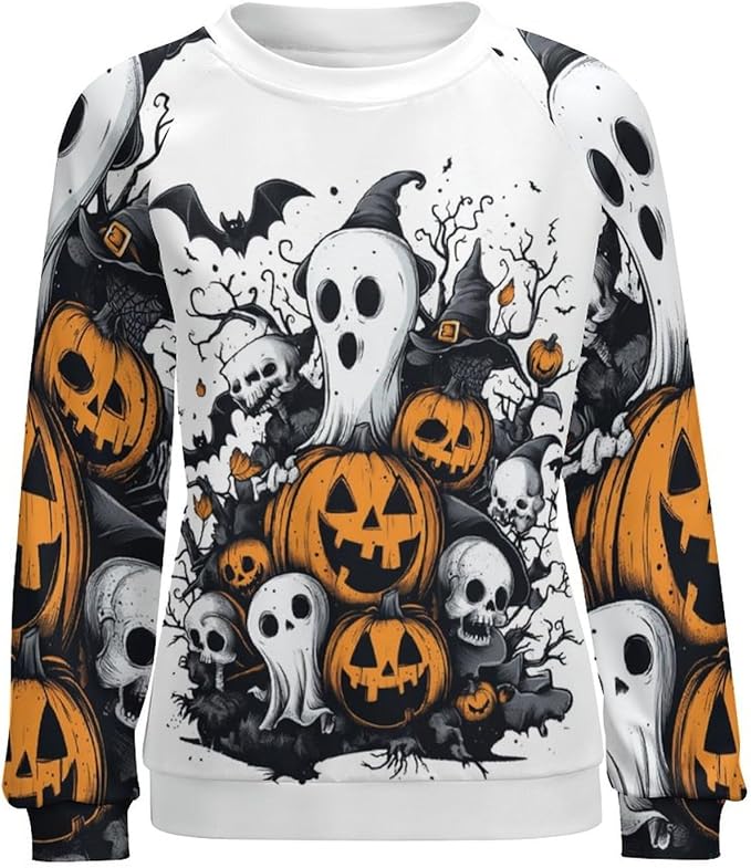 Halloween Sweatshirts for Women Funny and Spooky Print Crewneck Oversized Pullover Outdoor Lounge Fashion Sweater