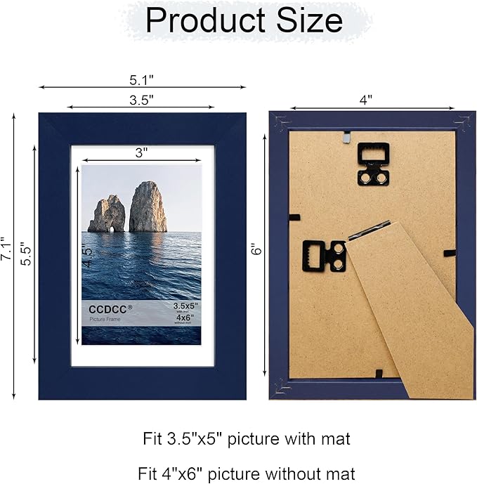 4x6 Picture Frame Set of 2, 4 x 6 Wood Photo Frames with Mat for 3.5x5, Natural Wooden Frame with Real Glass Cover for Wall and Tabletop Display,Blue