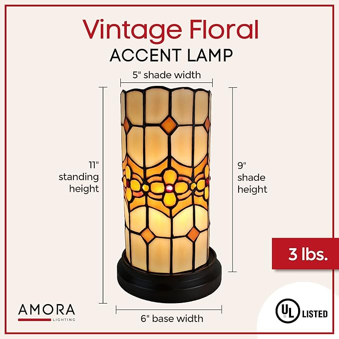 Amora Floral Decorative Accent Table Lamps - Tiffany Mosaic Shade - 11" Table & Bedside Light