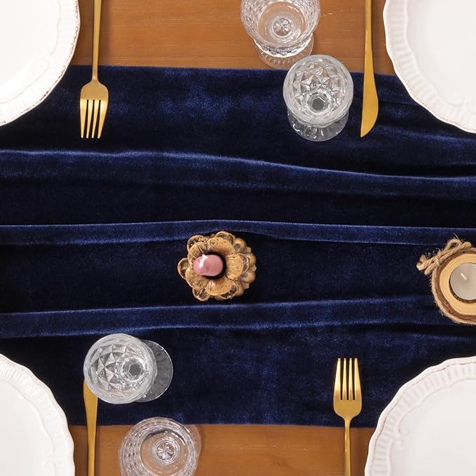 Socomi 2pcs Navy Blue Velvet Valentine's Day Table Runner Cloth Decor 20 x 120 Inches 10ft Fabric Luxurious Thanksgiving Wedding Runner for New Year Bridal Shower