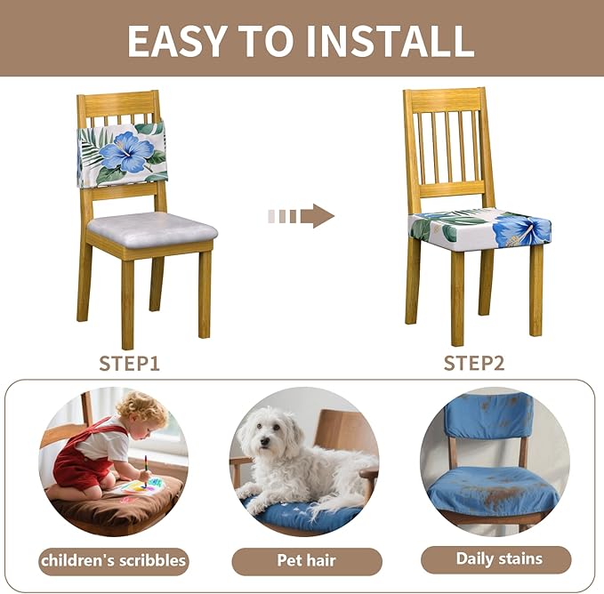 Stretch Dining Chair Seat Covers Set of 6,Dining Chair Slipcovers, Floral Printed Chair Covers,Soft Fabric Washable Upholstered Chair Seat Protector, No Rear Covers for Home Kitchen Dining Room