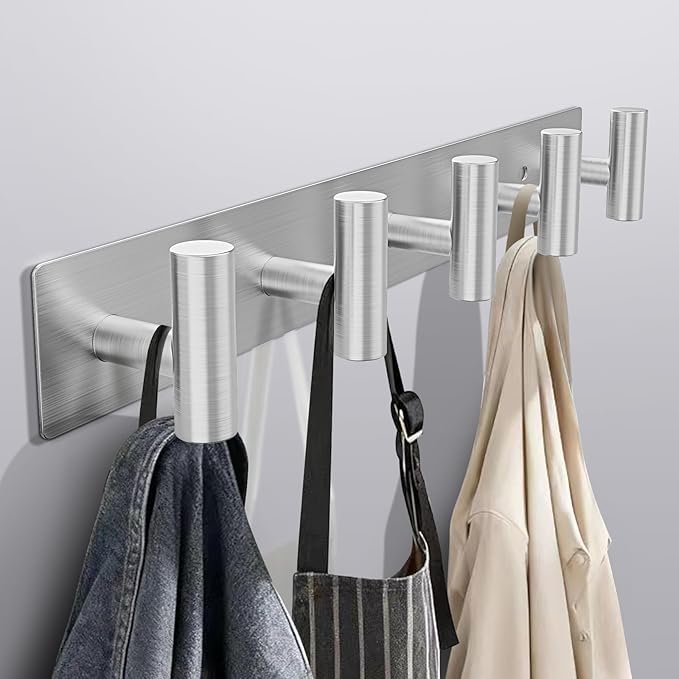 Coat Rack Wall Mount - 5 Hat and Coat Hooks, Heavy Duty Towel Racks for Bathroom Entryway, Wall Hooks for Hanging Robes Bags Scarves Belts, Hat Rack Key Hanger Organizer (Silver)