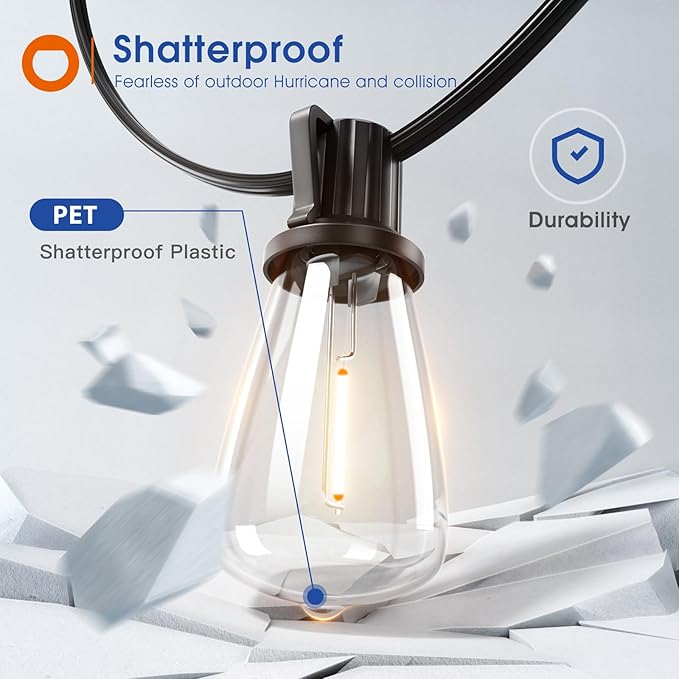 addlon 50FT LED Outdoor String Lights Waterproof Patio Lights with 16 Shatterproof ST38 Replaceable Bulbs(1 Spare), Dimmable Outside Hanging Light Connectable for Porch, Backyard, 2200K Warm Yellow