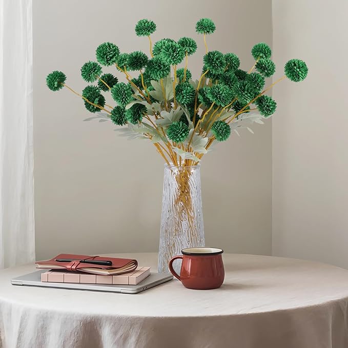 Hananona 12 Pcs Artificial Chrysanthemum Flowers, Green Kiku Pom Pom Mums Flower Faux Floral Arrangements Centerpiece for St Patrict Day Home Kitchen Decor (12, Blackish Green)