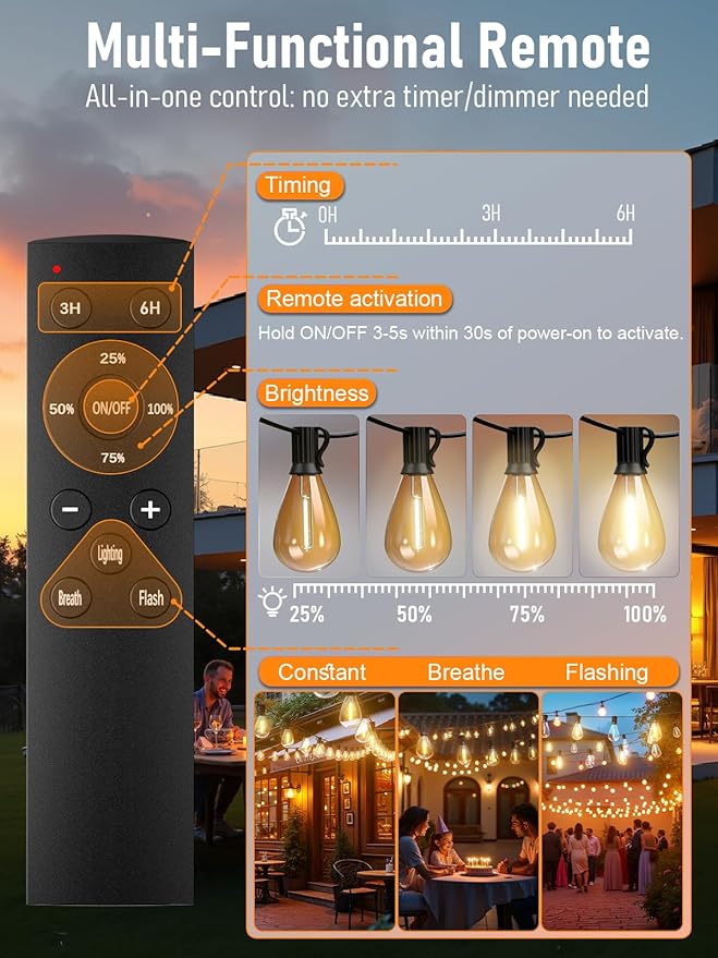 luckystyle 70FT LED Outdoor String Lights with Remote, 24+ 1 Shatterproof Bulbs Waterproof and Dimmable Patio Lights for Porch, Garden, Backyard, Deck, Balcony, 2700K Hanging Lighting