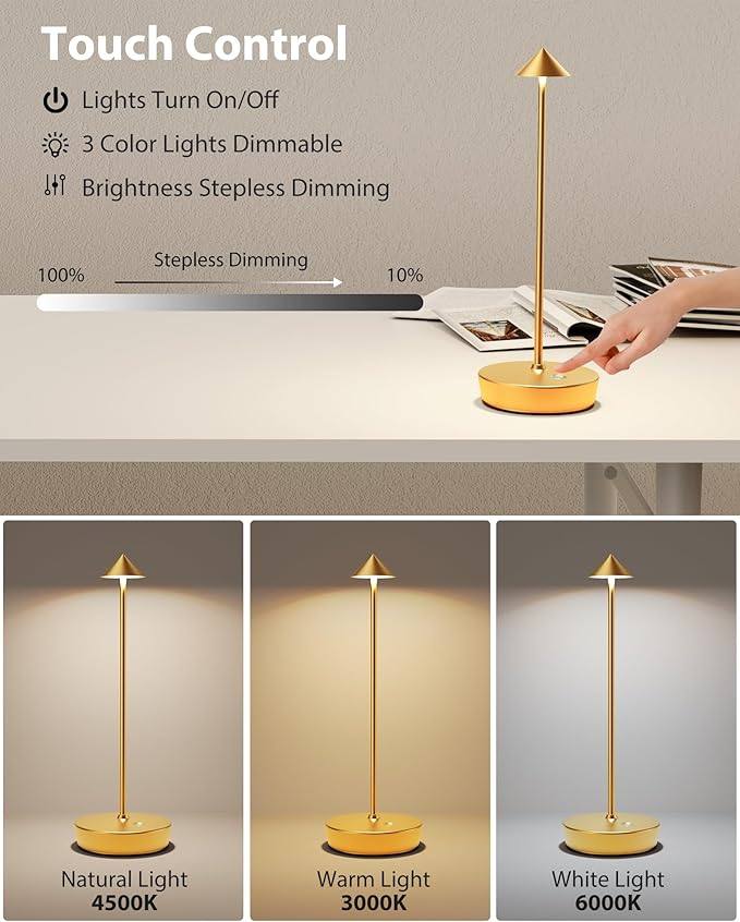 Cordless Table Lamps Rechargeable, 6000mAh Battery Operated LED Desk Lamp Outdoor Waterproof Portable Touch Dimmable Table Night Light for Patio Restaurant Dining Home Gold