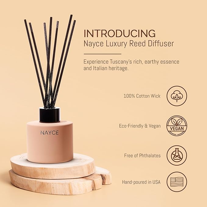 Nayce Luxury Reed Diffuser - Chianti Oud Orchard - Aromatherapy Essential Oil Diffuser Sticks - Hand-Poured in USA - Reed Diffusers for Home, Bathroom, Bedroom, Office Decor, Housewarming Gifts