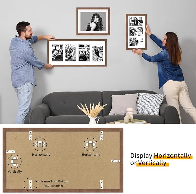 9x18 Oak Wood Picture Frame - 9x18 Photo Frame with Mat Display 3Pcs 5x7 Photos, 5x7 Picture Frame Wood, Natural Solid Wooden Picture Frames for Wall Art Photo and Prints(3 Pack, Walnut)