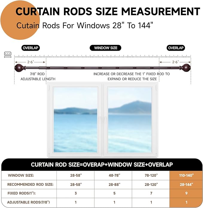 Red Wood Curtain Rods for Windows 72 to 144 Inches,1 inch Heavy Duty Window Curtain Rod with Imitation Wood Grain Finials,Decorative Drapery Rods Adjustable, 28"-144"(2.3-12ft)