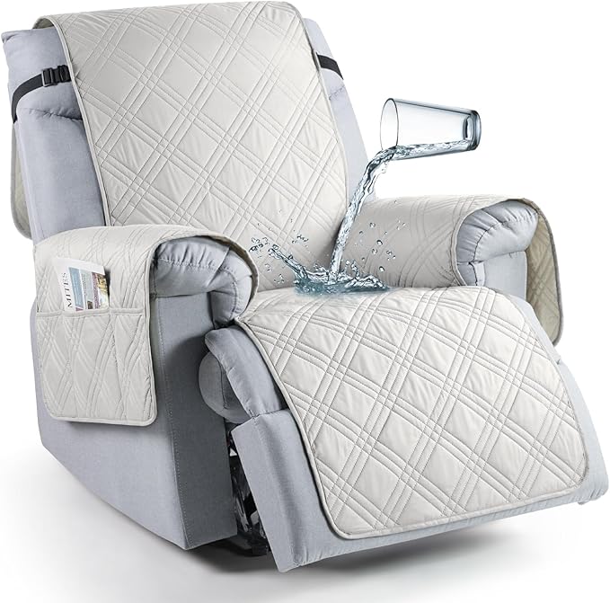 TAOCOCO 100% Waterproof Recliner Chair Cover, Non Slip Recliner Covers for Recliner Chair with Pocket, Washable Reclining Chair Cover Furniture Protector for Kids, Pets(23.6'', Off White)