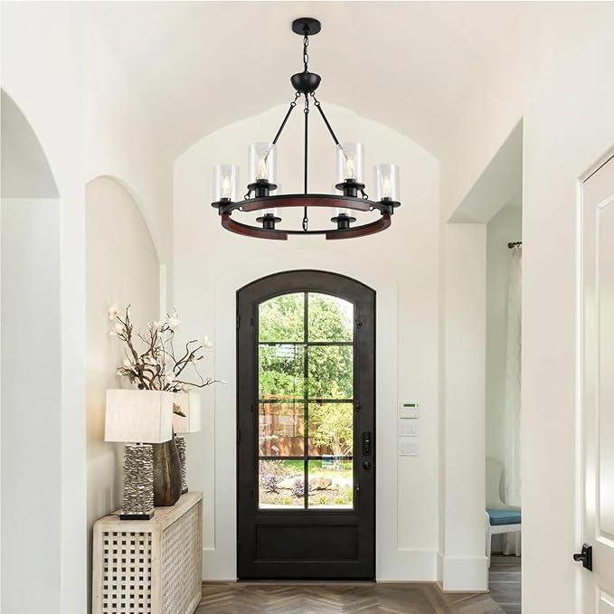 28-Inch Wagon Wheel Chandelier Farmhouse Black Rustic Pendant Light Fixture,6-Light Wood Round Chandelier Hanging Pendant Ligh for Dining Room Kitchen Island Living Room,with Clear Glass Shade