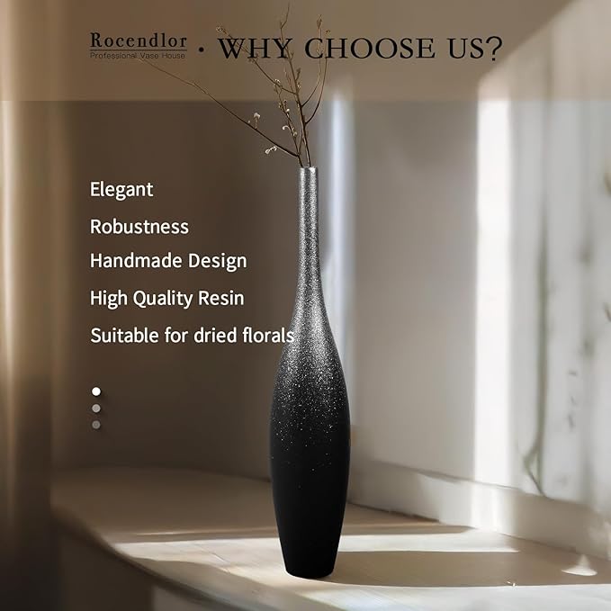 27.5" Tall Modern Floor Vase - Black with Silver Galaxy Ombre Finish - Resin Decorative Vases with Slim Neck & Weighted Base - Large Home Decor Vase for Living Room, Entryway