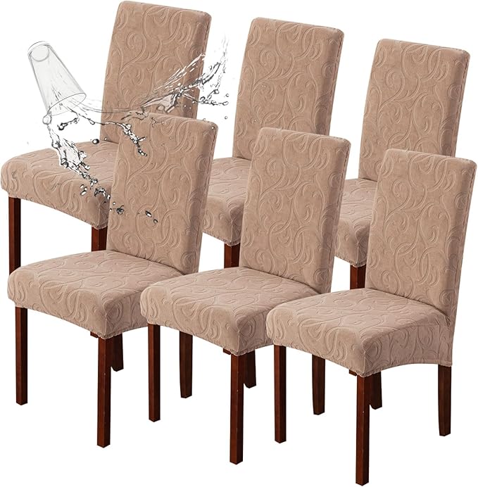 Genina Waterproof Dining Room Chair Covers Stretch Parsons Chair Slipcovers for Dining Room Kitchen Chair Protector Cover, Removable, Washable (6 Large, Flower Pattern-Khaki)