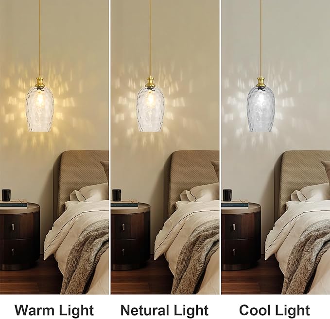Glass Pendant Lights Kitchen Island, Large Size 7.1in Gold Pendant Light Fixtures with Hammered Clear Glass for Kitchen Over Sink Dining Room Bedroom, E26