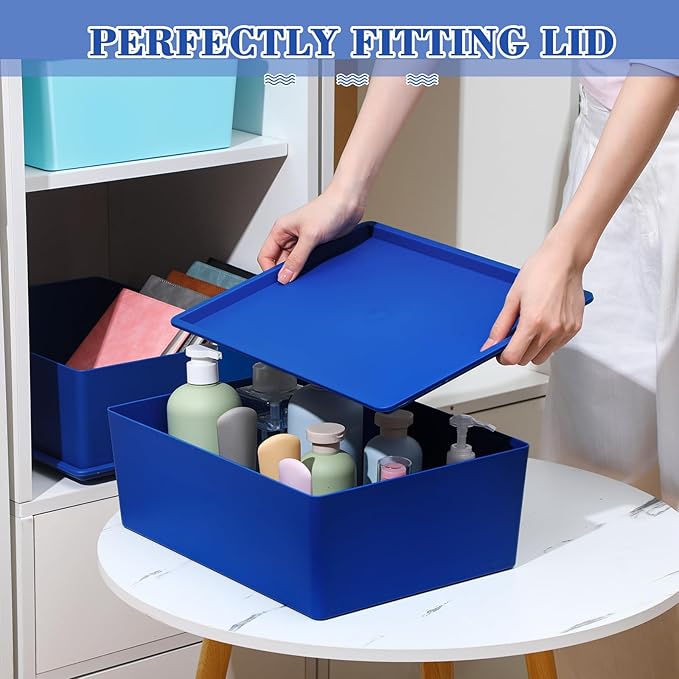 Menkxi 4 Pcs Storage Bins with Lids Plastic Stackable Containers for Organizing Shelves Christmas Ornament Box Baskets(Dark Blue, Light Blue,Large)