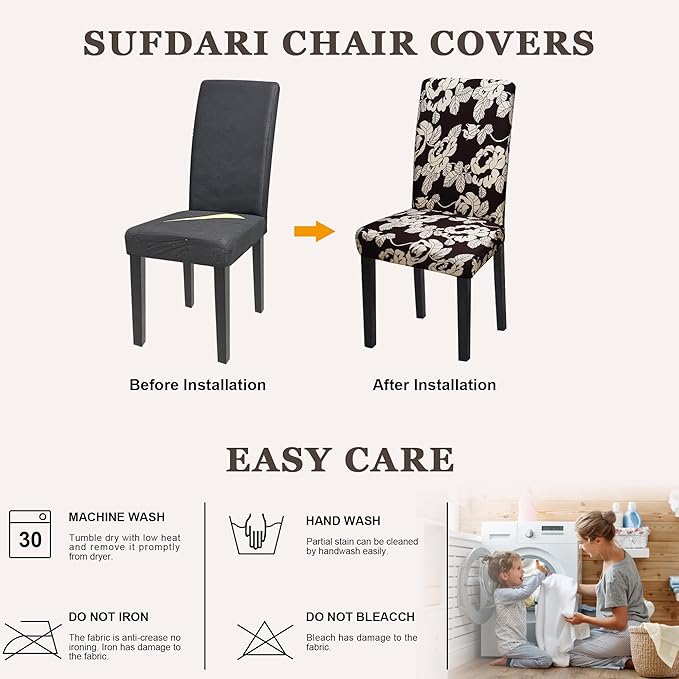 Sufdari Dining Chair Covers,Kitchen Chair Cover,Parsons Chair Slipcover,Spandex Chair Protectors for Dining Room Stretch Chairs Cover Set of 8 -Beige Floral