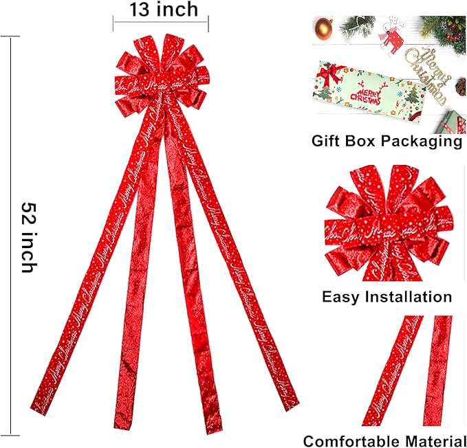 Christmas Tree Topper Christmas Wreath Bow, 52 * 13 inches Tree Toppers Bow with Letter Patterned Ribbon for Xmas Tree Christmas Rustic Farmhouse Home Holiday Party Decorations Red