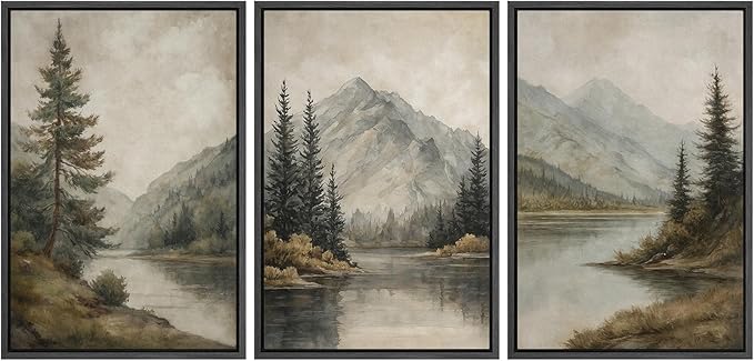MUDECOR Framed Wall Art Print Set Mountain Landscape Nature with Trees, Lake, and Mountains, Rustic Illustrations Modern Art Decorative Colorful for Living Room, Bedroom, Office - 16"x24"x3 Black