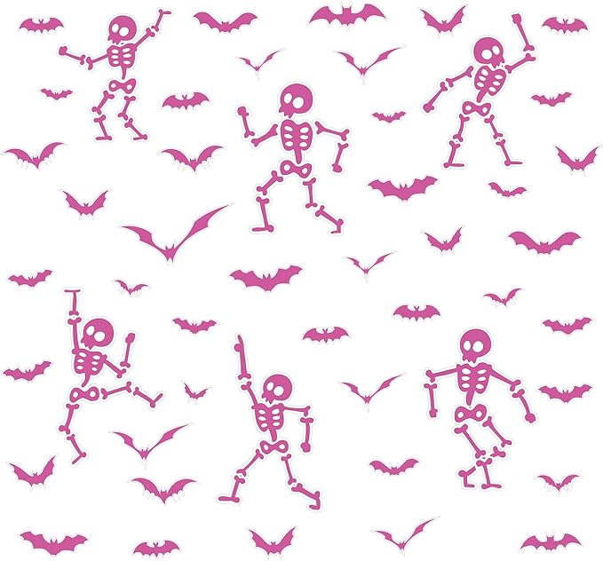 Halloween Wall Decals and Skeleton Window Clings - 6 Sheets 43 Pcs Removable Pink Ghost Bat Wall Stickers for Mirrors, Windows, Home Bedroom Party Decor