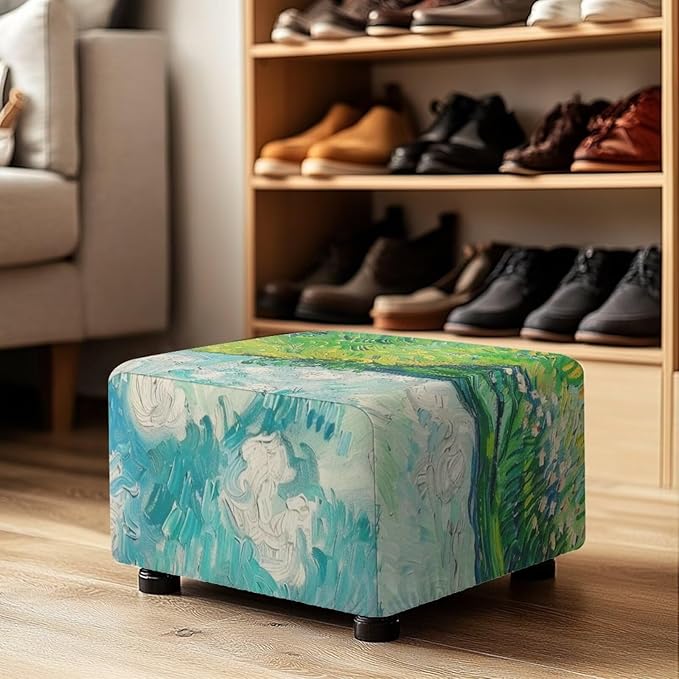 Small Ottoman Cover, Van Gogh Wheat Field Oil Painting Rectangle Ottoman Slipcover 30x24x15 Inch Form Fit Elastic Protector Covers for Foot Stool Folding Storage Furniture
